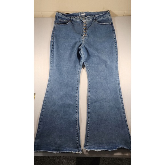 Good American Denim - Good American Good Legs Flare Jeans Blue Button Fly Raw Hem Boho Chic Size 24